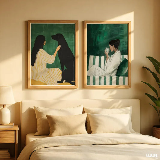 Set x2 Cuadros Abstractos, Ilustraciones Modernas Mujer Perro Verde Esmeralda Marco Natural