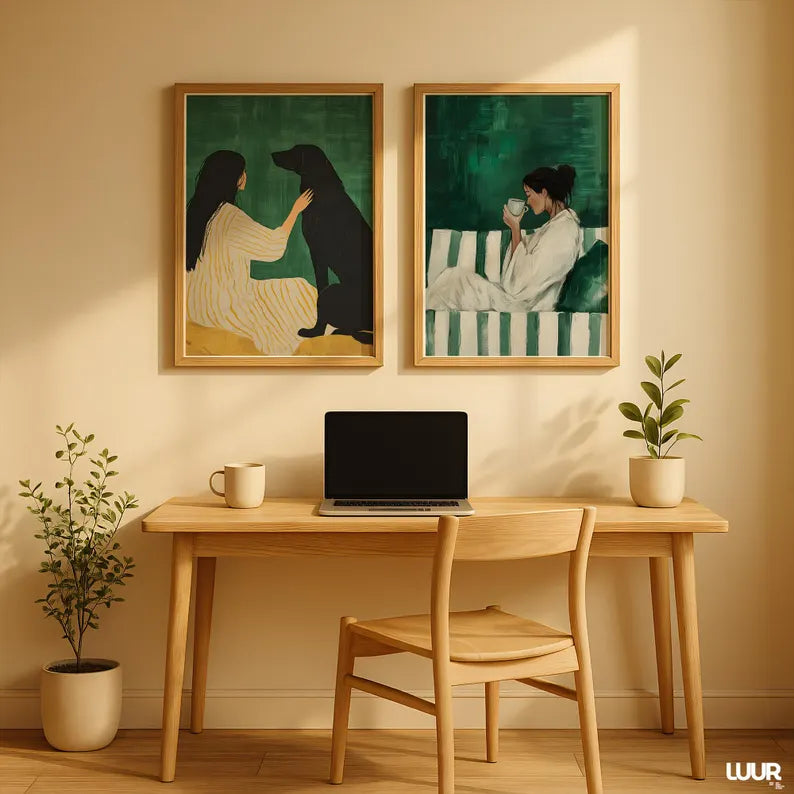 Set x2 Cuadros Abstractos, Ilustraciones Modernas Mujer Perro Verde Esmeralda