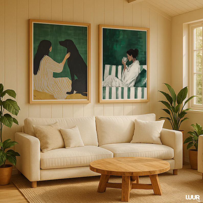 Set x2 Cuadros Abstractos, Ilustraciones Modernas Mujer Perro Verde Esmeralda