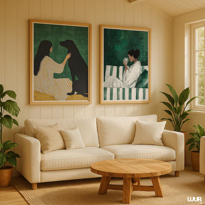Set x2 Cuadros Abstractos, Ilustraciones Modernas Mujer Perro Verde Esmeralda