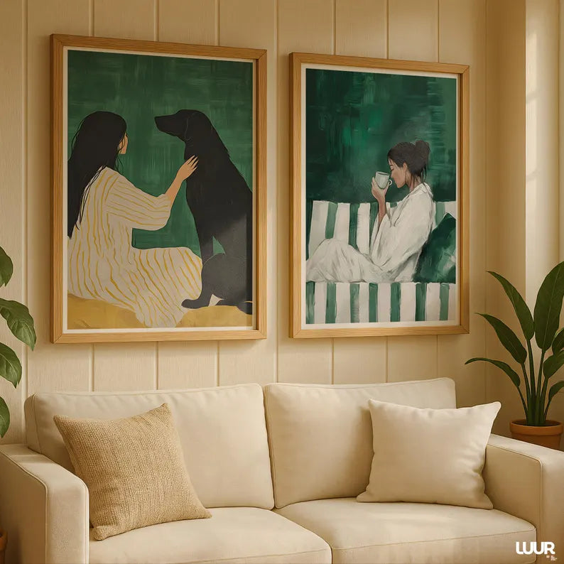 Set x2 Cuadros Abstractos, Ilustraciones Modernas Mujer Perro Verde Esmeralda