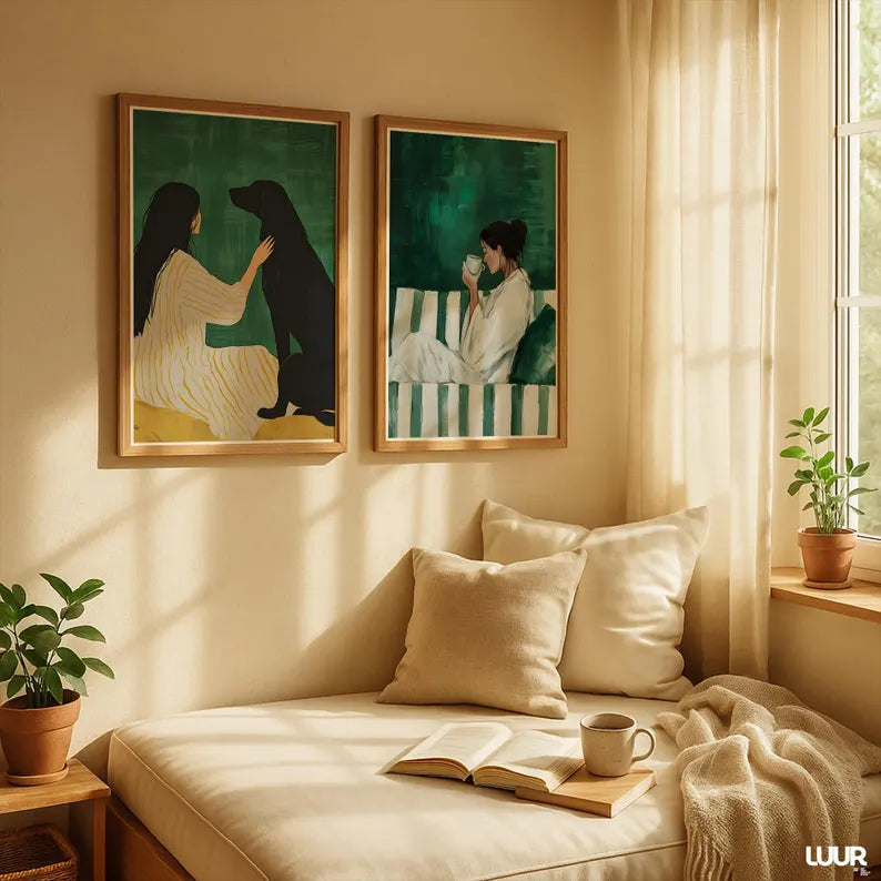 Set x2 Cuadros Abstractos, Ilustraciones Modernas Mujer Perro Verde Esmeralda