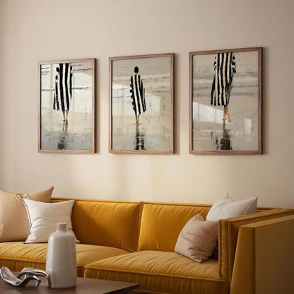 Set x3 Cuadros Abstractos Ilustración Mujer Blanco y negro Playa