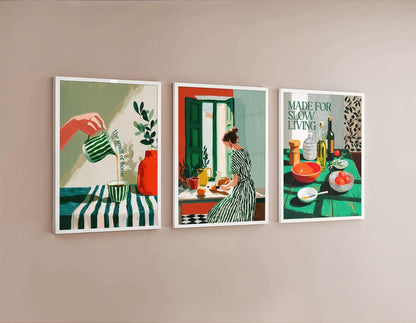 Set x3 Cuadros Abstractos Ilustración Cocina Marco Natural