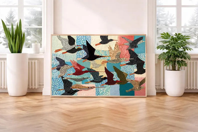Cuadro Decorativo Abstractos, Ilustraciones Modernas Pájaros Colores Marco Natural