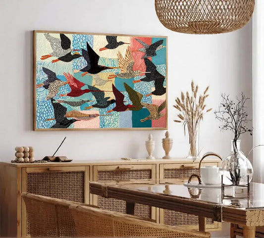 Cuadro Decorativo Abstractos, Ilustraciones Modernas Pájaros Colores Marco Natural