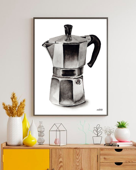 Cuadro Decorativo Cafetera Moka en Acuarelas