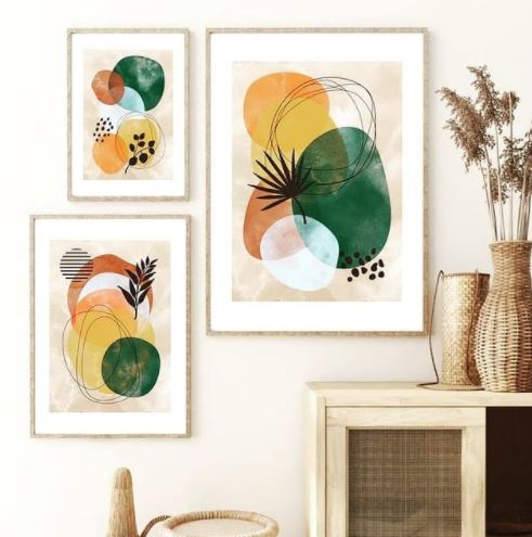 Set x3 Cuadros Decorativos Abstracto, Círculos colores y plantas