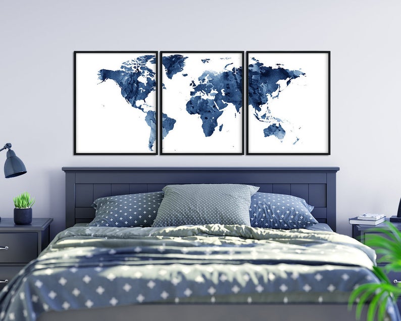 Set x3 Cuadros Decorativos Maps, Mapa del mundo azul