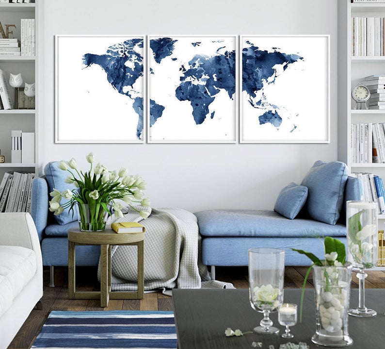 Set x3 Cuadros Decorativos Maps, Mapa del mundo azul - Tree House Deco