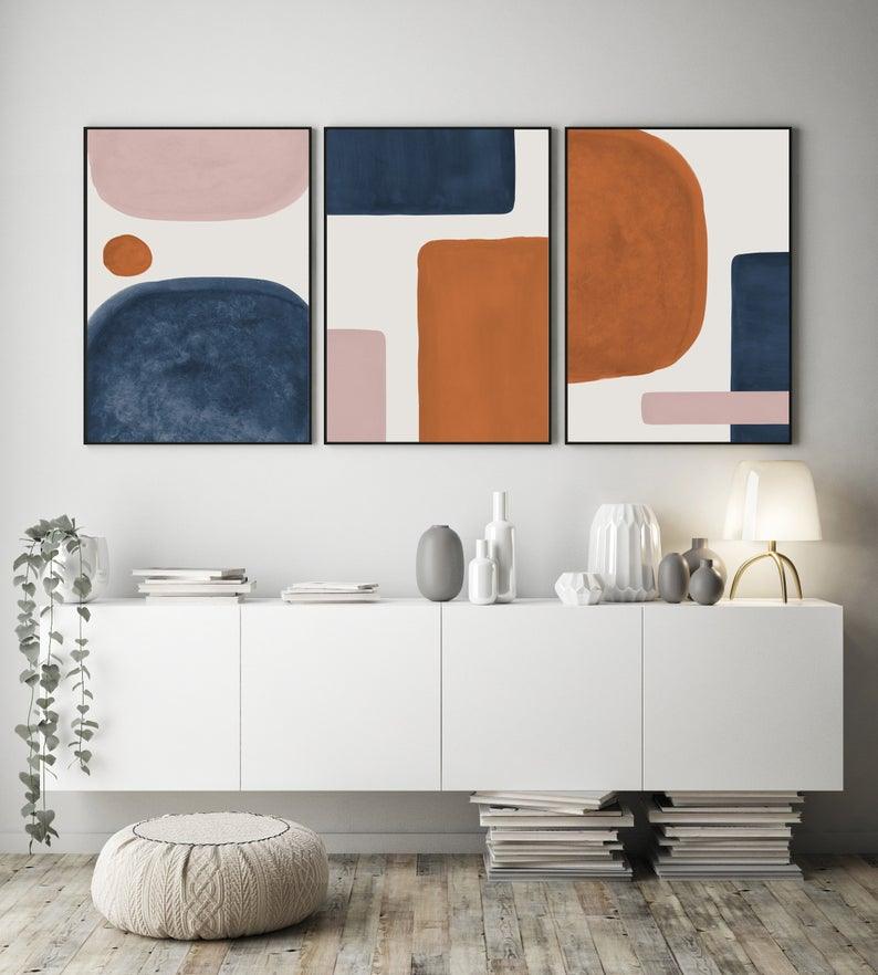 Set x3 Cuadros Decorativos Abstracto, Azul y Naranja